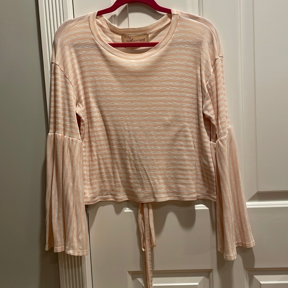 Comfy and casual Vintage Havana Pink Striped Bell Sleeve Back Lace Up Top